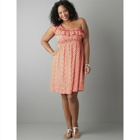 Lane Bryant Dresses & Skirts - Lane Bryant One Shoulder OrangeConfetti Ruffle Dress